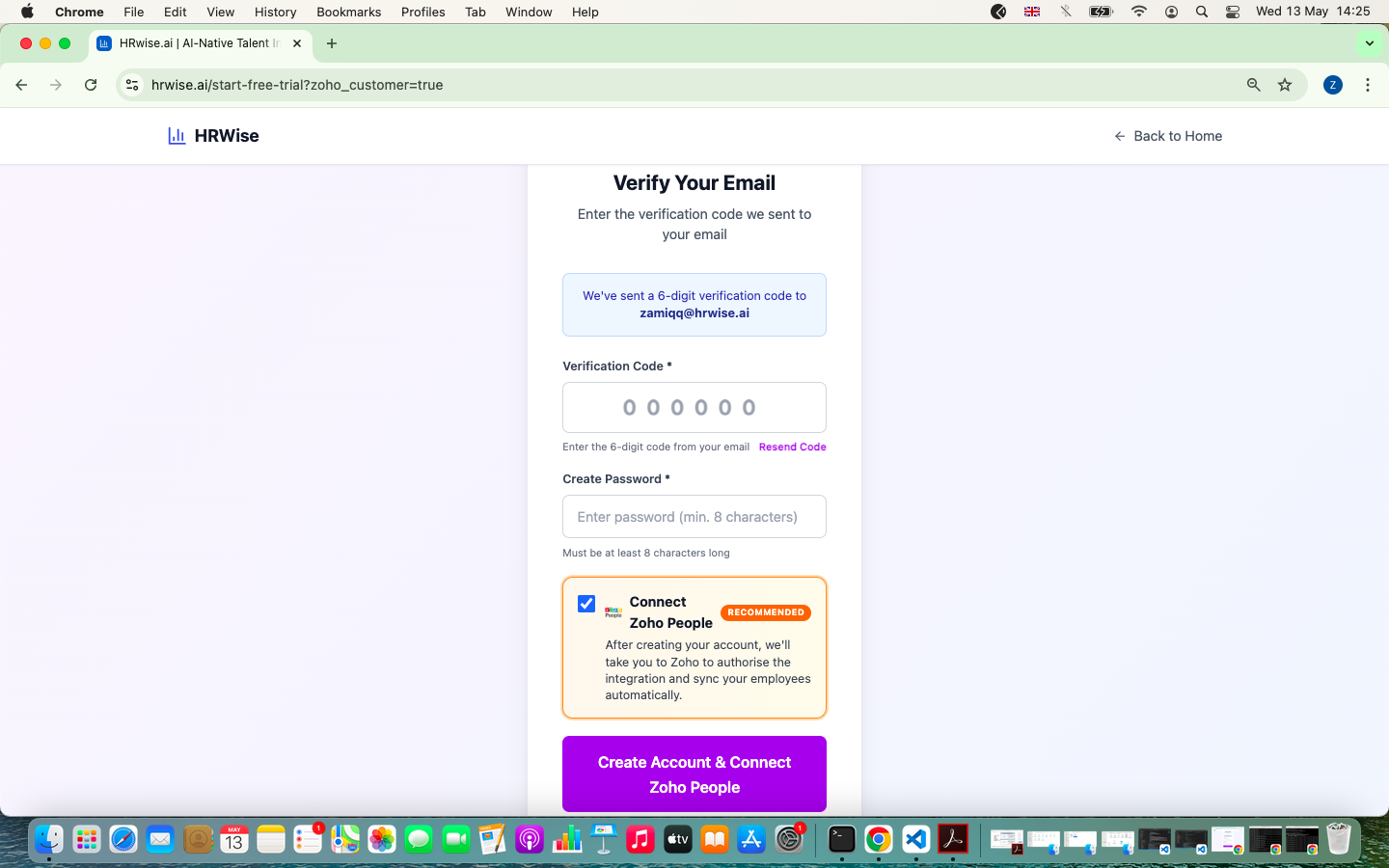 Email verification with Connect Zoho People checkbox